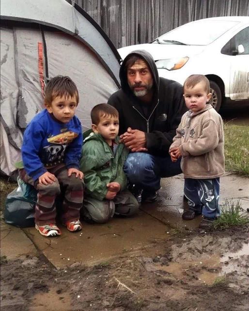 A man with three children, living in a tent, altruistically donates his final $2 to a stranger at a gas station.